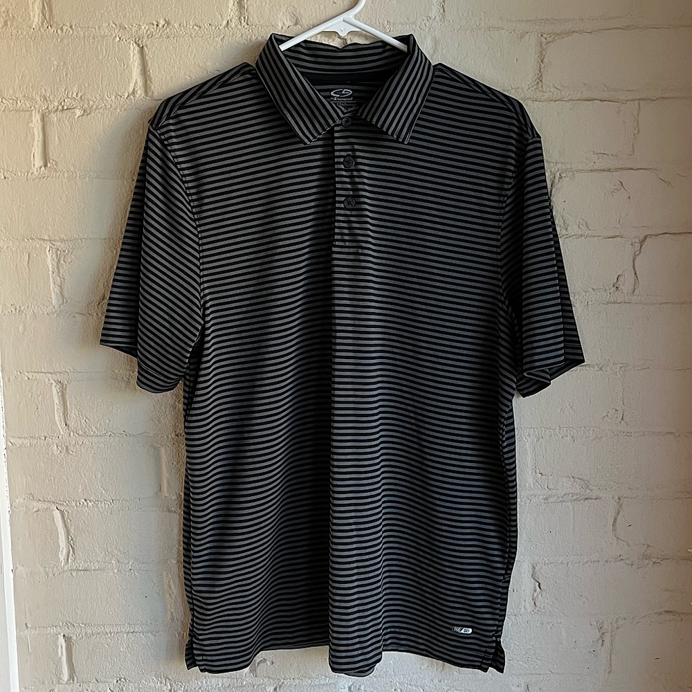 Champion men’s polo golf duo dry sz medium black & gray stripped athletic